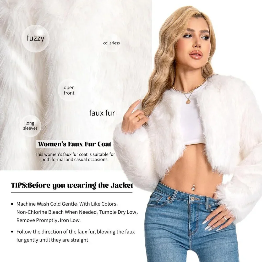 〽️Women's White WELLATENT Plus Cropped Faux Fur Fluffy Fuzzy Fall Jacket - Picture 5 of 6